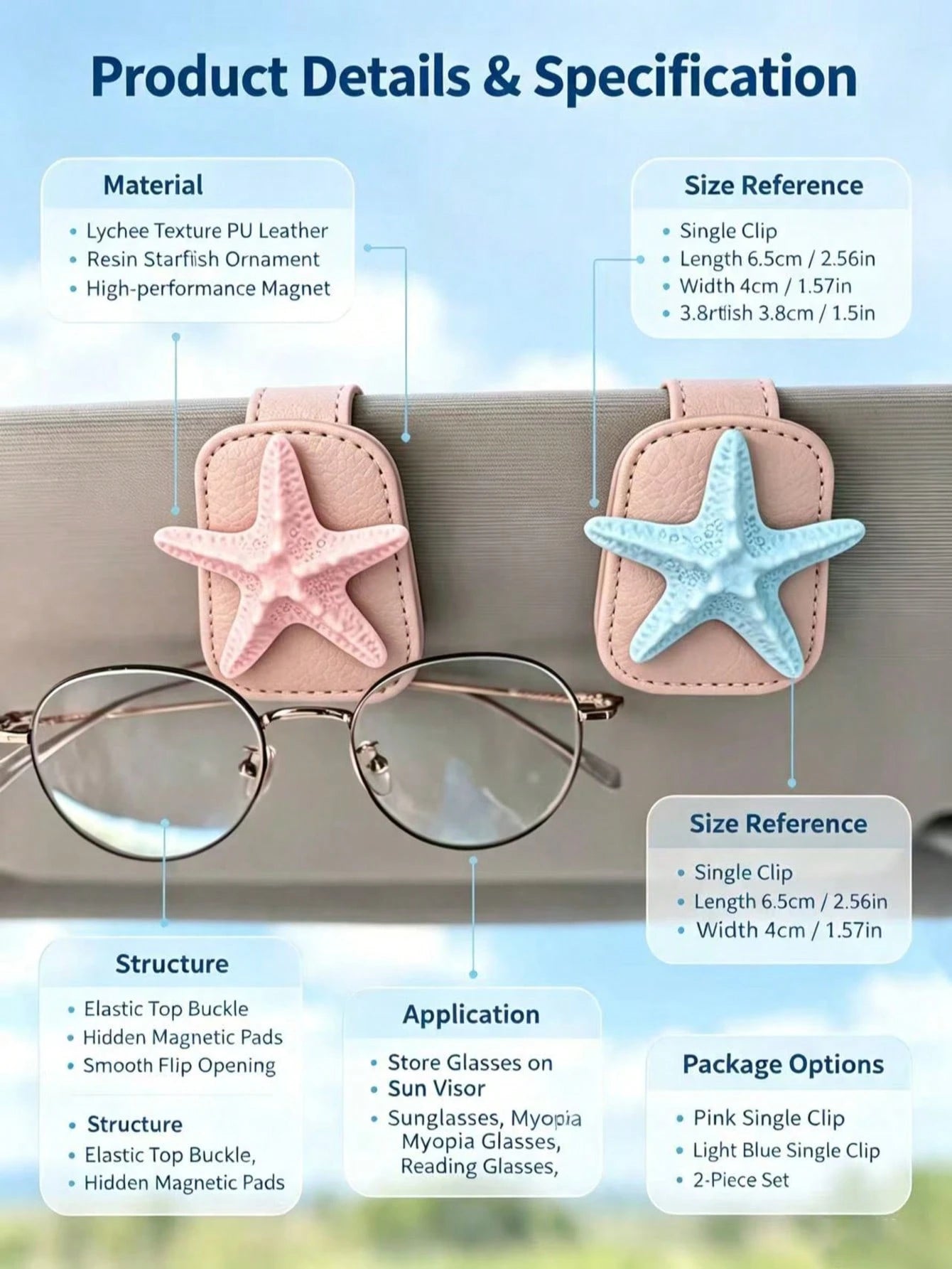 3D Starfish Leather Car Visor Glasses Clip, Car Sun Visor Fashion Glasses & Ticket Storage Holder, Ocean Style Car Interior Decor, Light Pink Leather Beach Style Car Visor Fashion Glasses Card Holder