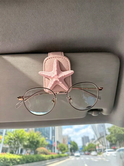 3D Starfish Leather Car Visor Glasses Clip, Car Sun Visor Fashion Glasses & Ticket Storage Holder, Ocean Style Car Interior Decor, Light Pink Leather Beach Style Car Visor Fashion Glasses Card Holder