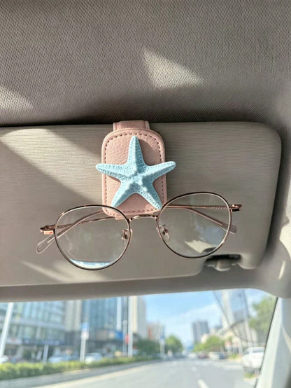 3D Starfish Leather Car Visor Glasses Clip, Car Sun Visor Fashion Glasses & Ticket Storage Holder, Ocean Style Car Interior Decor, Light Pink Leather Beach Style Car Visor Fashion Glasses Card Holder