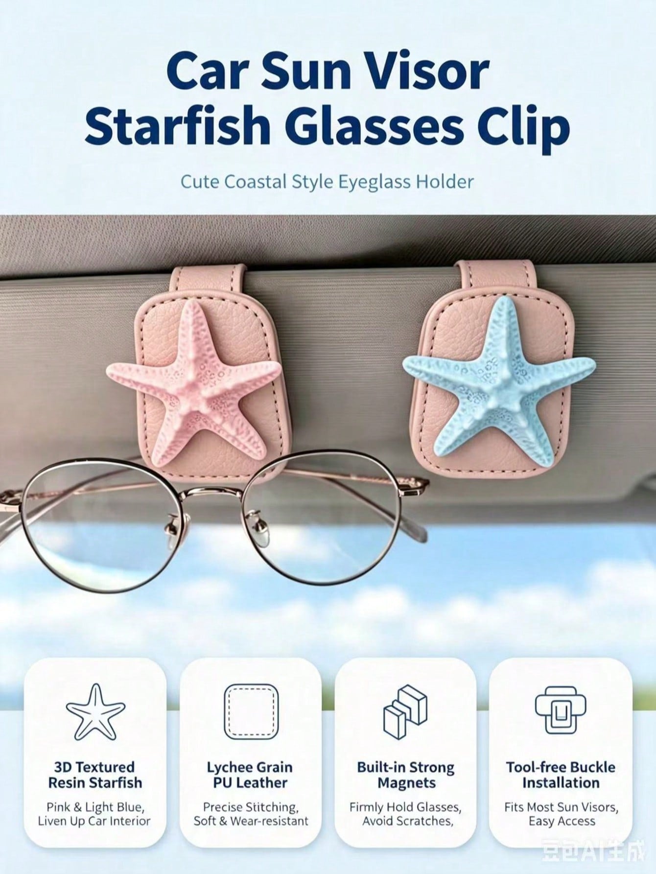 3D Starfish Leather Car Visor Glasses Clip, Car Sun Visor Fashion Glasses & Ticket Storage Holder, Ocean Style Car Interior Decor, Light Pink Leather Beach Style Car Visor Fashion Glasses Card Holder