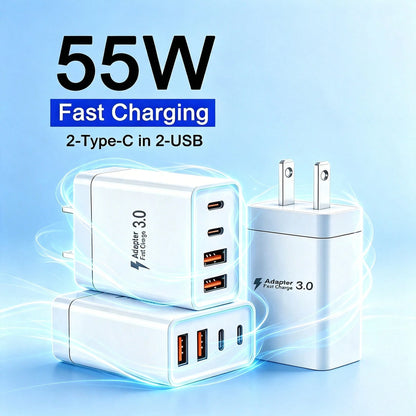 3PCS/2PCS/1PC 55W Super-Fast 4-Port Charger – Featuring 2 USB-A Ports And 2 USB-C Ports. Perfect For Home, Office, And Travel Use.