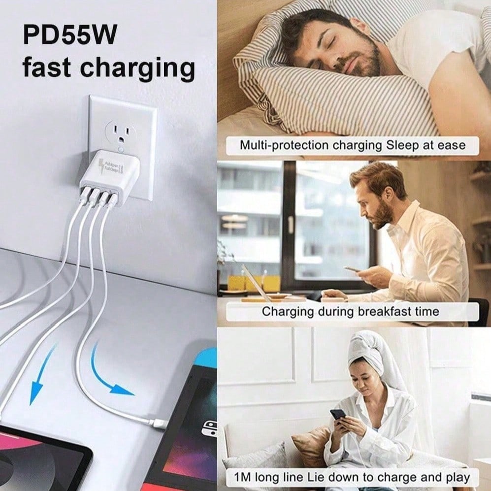 3PCS/2PCS/1PC 55W Super-Fast 4-Port Charger – Featuring 2 USB-A Ports And 2 USB-C Ports. Perfect For Home, Office, And Travel Use.