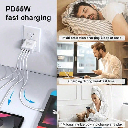 3PCS/2PCS/1PC 55W Super-Fast 4-Port Charger – Featuring 2 USB-A Ports And 2 USB-C Ports. Perfect For Home, Office, And Travel Use.