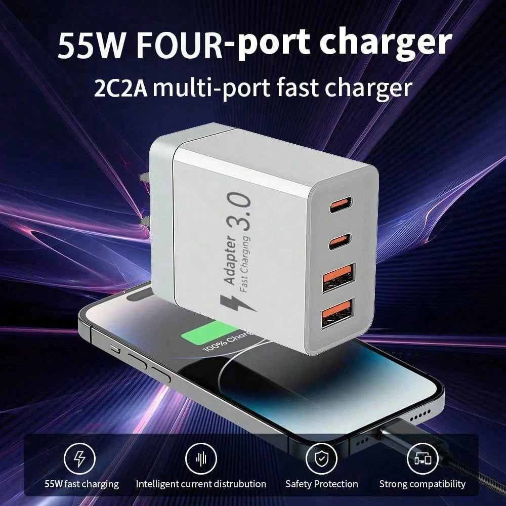 3PCS/2PCS/1PC 55W Super-Fast 4-Port Charger – Featuring 2 USB-A Ports And 2 USB-C Ports. Perfect For Home, Office, And Travel Use.