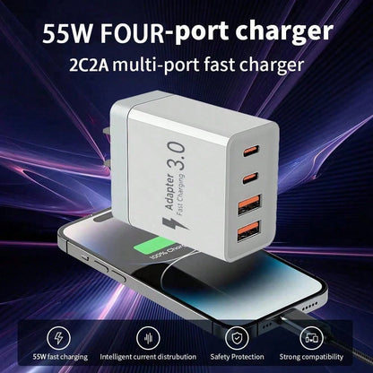 3PCS/2PCS/1PC 55W Super-Fast 4-Port Charger – Featuring 2 USB-A Ports And 2 USB-C Ports. Perfect For Home, Office, And Travel Use.