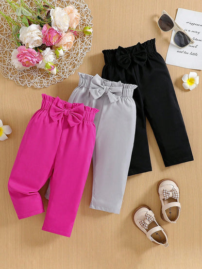 3pcs Baby Girls' Solid Color Bowknot Accent Straight Leg Pants, Suitable For Casual Outings, Spring/Autumn Holiday Travel Summer Relax