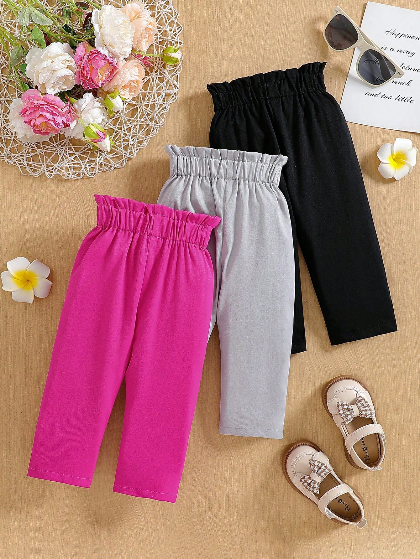 3pcs Baby Girls' Solid Color Bowknot Accent Straight Leg Pants, Suitable For Casual Outings, Spring/Autumn Holiday Travel Summer Relax