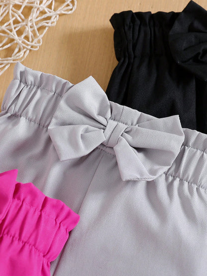 3pcs Baby Girls' Solid Color Bowknot Accent Straight Leg Pants, Suitable For Casual Outings, Spring/Autumn Holiday Travel Summer Relax