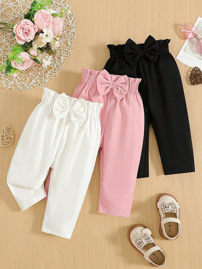 3pcs Baby Girls' Solid Color Bowknot Accent Straight Leg Pants, Suitable For Casual Outings, Spring/Autumn Holiday Travel Summer Relax