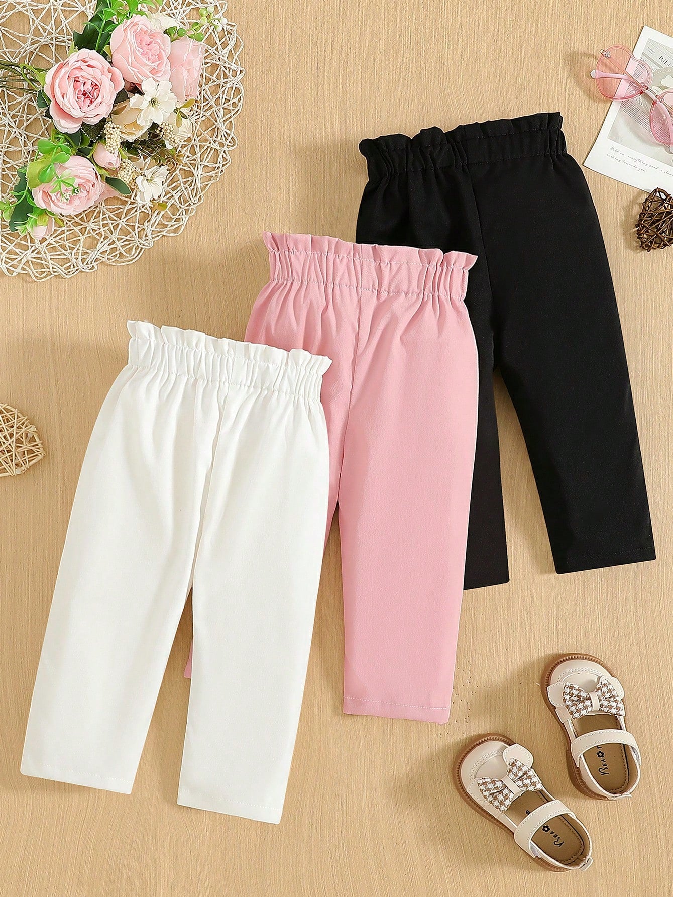 3pcs Baby Girls' Solid Color Bowknot Accent Straight Leg Pants, Suitable For Casual Outings, Spring/Autumn Holiday Travel Summer Relax