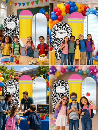 3pcs-Back To School Season Decorative Arch-Shaped Polyester Backdrop Cover, Notebook Paper Pencil Pattern Composition Round Top Background Cover, First Day Of School Classroom Decoration, Suitable For
