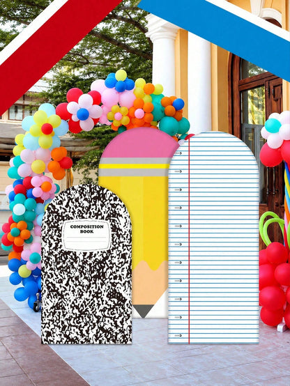 3pcs-Back To School Season Decorative Arch-Shaped Polyester Backdrop Cover, Notebook Paper Pencil Pattern Composition Round Top Background Cover, First Day Of School Classroom Decoration, Suitable For