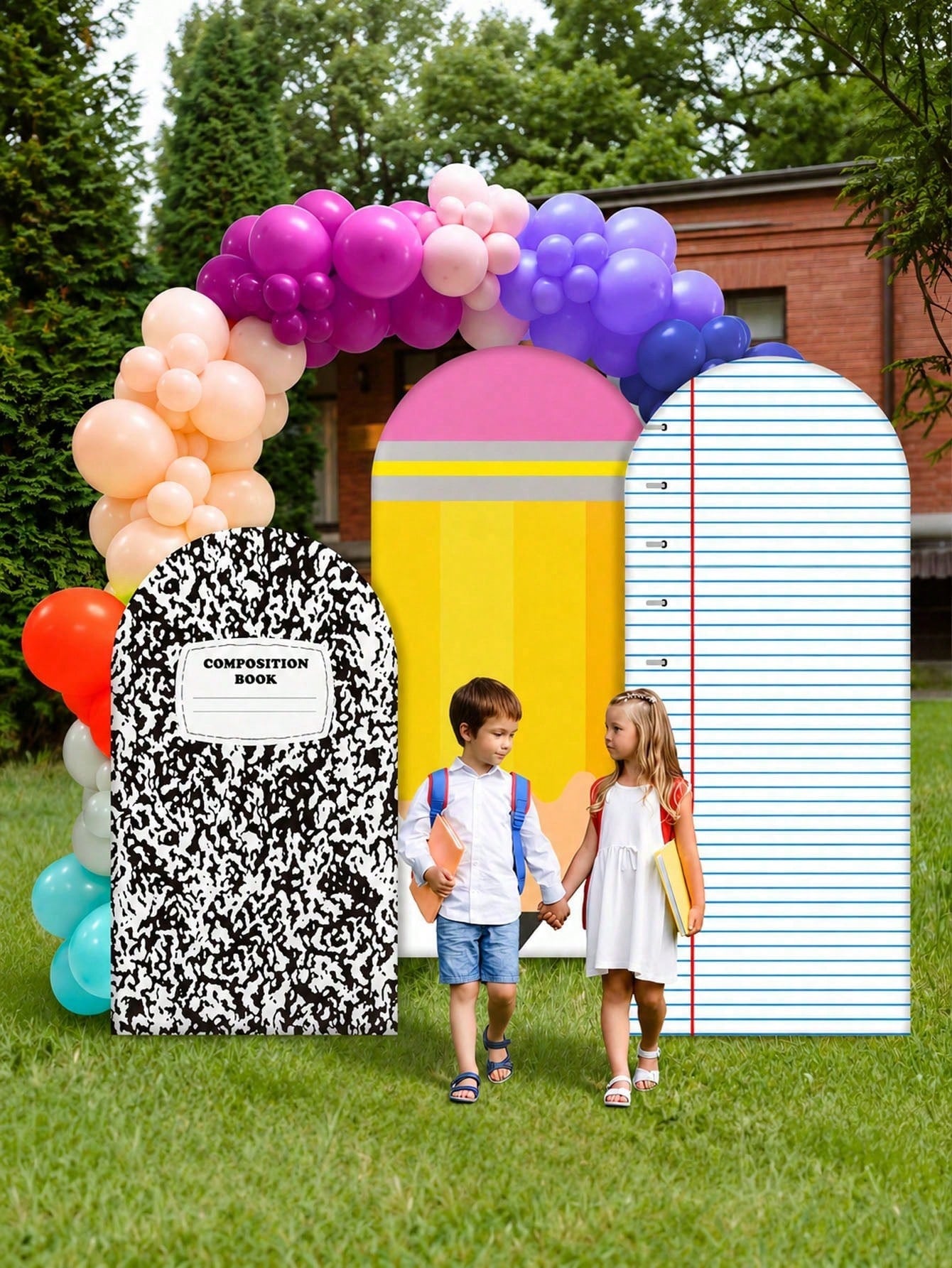 3pcs-Back To School Season Decorative Arch-Shaped Polyester Backdrop Cover, Notebook Paper Pencil Pattern Composition Round Top Background Cover, First Day Of School Classroom Decoration, Suitable For