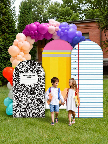3pcs-Back To School Season Decorative Arch-Shaped Polyester Backdrop Cover, Notebook Paper Pencil Pattern Composition Round Top Background Cover, First Day Of School Classroom Decoration, Suitable For