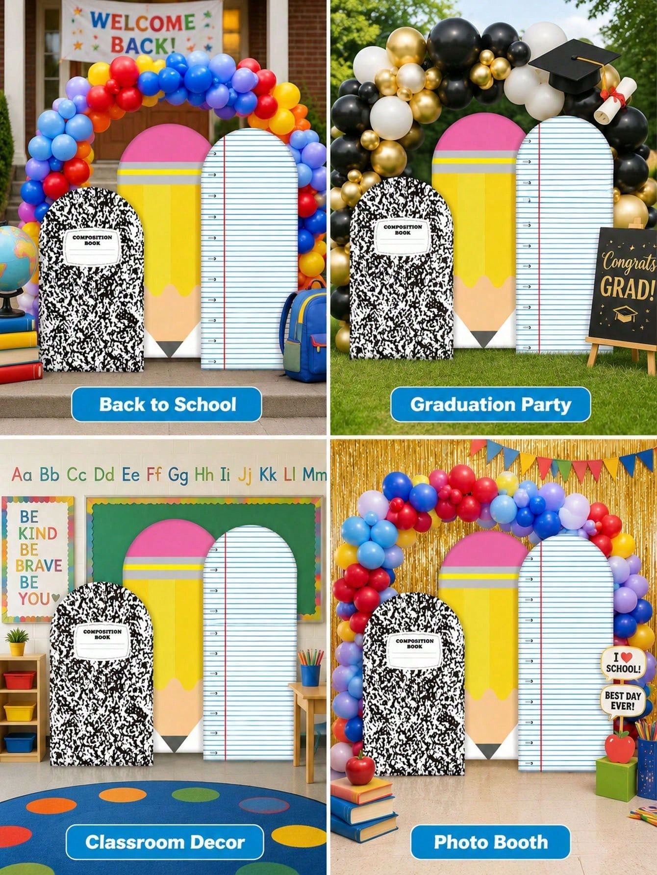 3pcs-Back To School Season Decorative Arch-Shaped Polyester Backdrop Cover, Notebook Paper Pencil Pattern Composition Round Top Background Cover, First Day Of School Classroom Decoration, Suitable For
