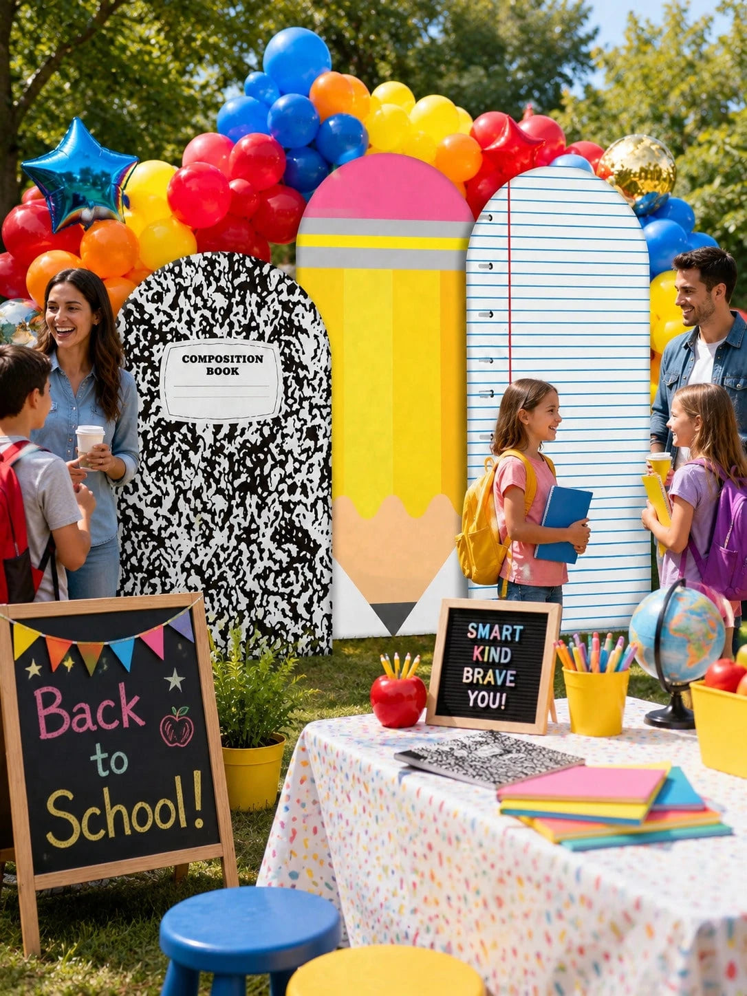 3pcs-Back To School Season Decorative Arch-Shaped Polyester Backdrop Cover, Notebook Paper Pencil Pattern Composition Round Top Background Cover, First Day Of School Classroom Decoration, Suitable For
