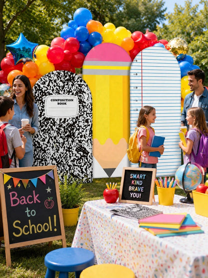 3pcs-Back To School Season Decorative Arch-Shaped Polyester Backdrop Cover, Notebook Paper Pencil Pattern Composition Round Top Background Cover, First Day Of School Classroom Decoration, Suitable For