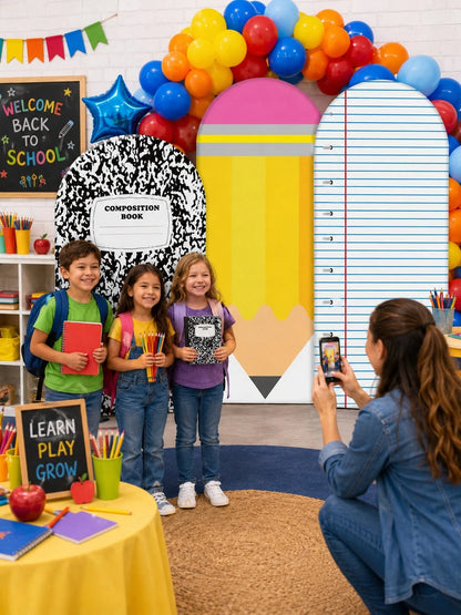 3pcs-Back To School Season Decorative Arch-Shaped Polyester Backdrop Cover, Notebook Paper Pencil Pattern Composition Round Top Background Cover, First Day Of School Classroom Decoration, Suitable For