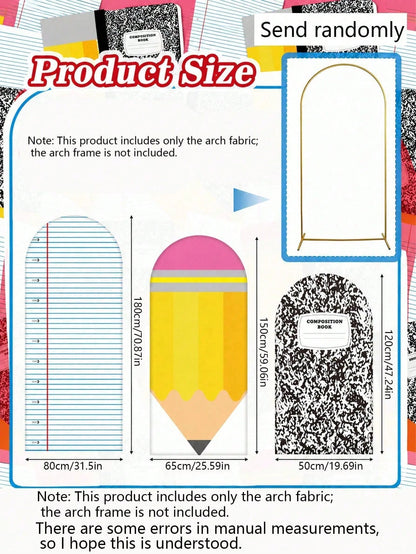 3pcs-Back To School Season Decorative Arch-Shaped Polyester Backdrop Cover, Notebook Paper Pencil Pattern Composition Round Top Background Cover, First Day Of School Classroom Decoration, Suitable For