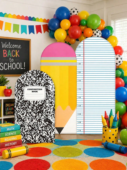 3pcs-Back To School Season Decorative Arch-Shaped Polyester Backdrop Cover, Notebook Paper Pencil Pattern Composition Round Top Background Cover, First Day Of School Classroom Decoration, Suitable For
