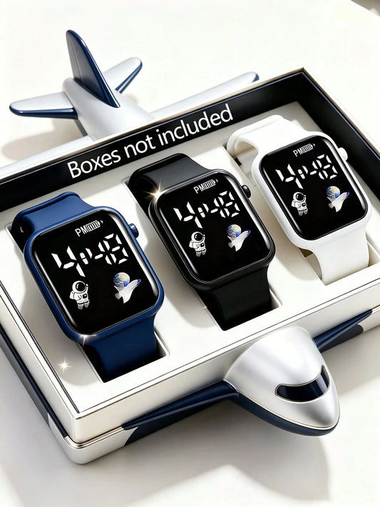 3PCS Casual Fashion Square Electronic Watch, Spaceship Decorative Pattern Design, Suitable For Daily, Party, Gathering, Holiday, Back To School, Versatile Item, Birthday Gift