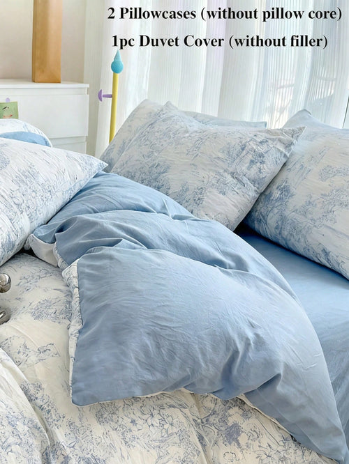 3pcs Light Blue Printed Duvet Cover Set, Super Soft Bedding Set For Dormitory Bedroom, 1 Duvet Cover, 2 Pillowcases, No Filling, Machine Washable