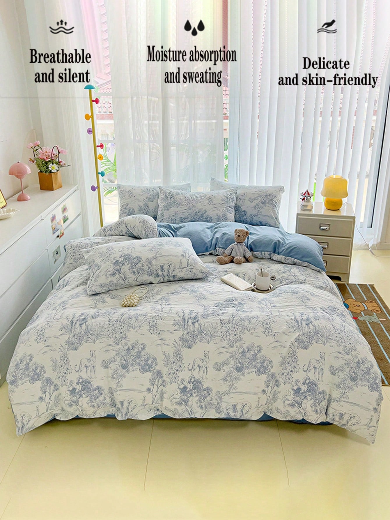 3pcs Light Blue Printed Duvet Cover Set, Super Soft Bedding Set For Dormitory Bedroom, 1 Duvet Cover, 2 Pillowcases, No Filling, Machine Washable