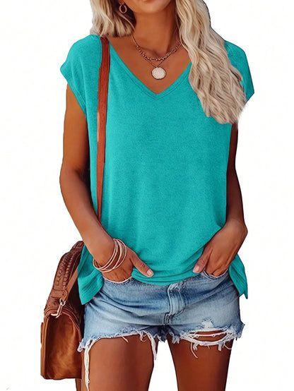 3pcs Plus Size Solid Color V-Neck T-Shirts, Casual Short Sleeve T-Shirts Spring Summer, Women's Clothing