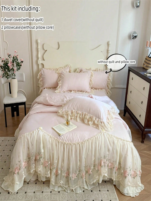 3pcs Princess Style Floral Embroidery Lace Bedding Set, Duvet Cover And Pillowcases (Without Comforter And Pillow Insert)