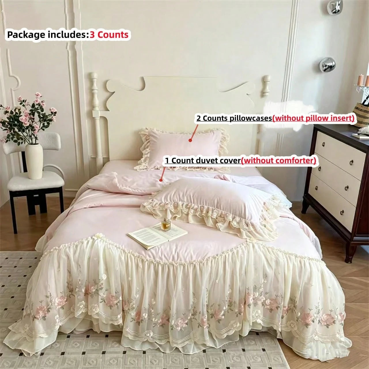 3pcs Princess Style Floral Embroidery Lace Bedding Set, Duvet Cover And Pillowcases (Without Comforter And Pillow Insert)