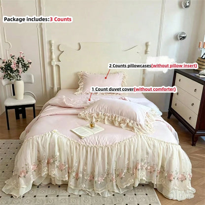 3pcs Princess Style Floral Embroidery Lace Bedding Set, Duvet Cover And Pillowcases (Without Comforter And Pillow Insert)