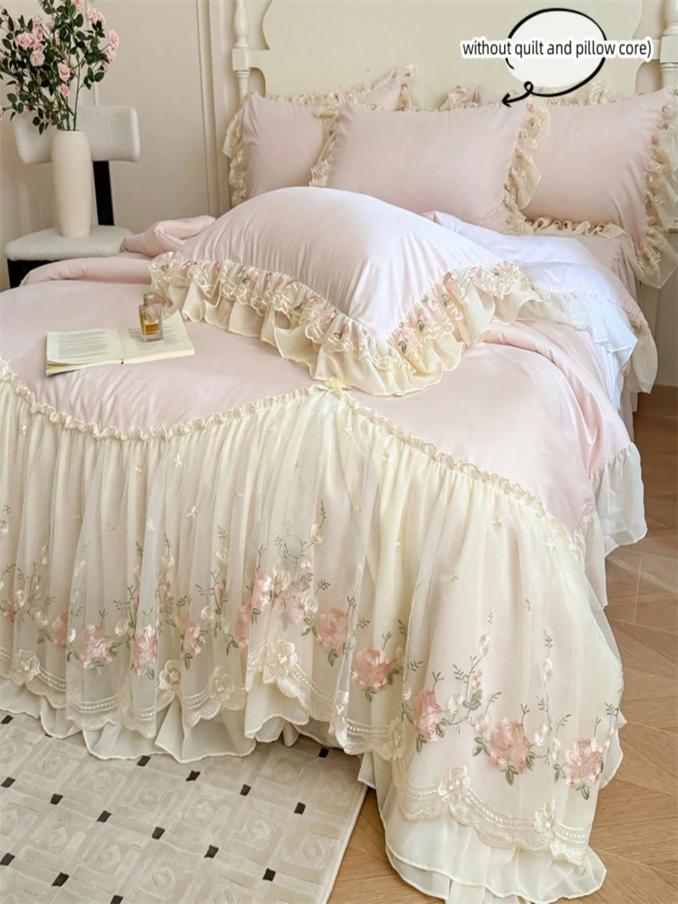 3pcs Princess Style Floral Embroidery Lace Bedding Set, Duvet Cover And Pillowcases (Without Comforter And Pillow Insert)