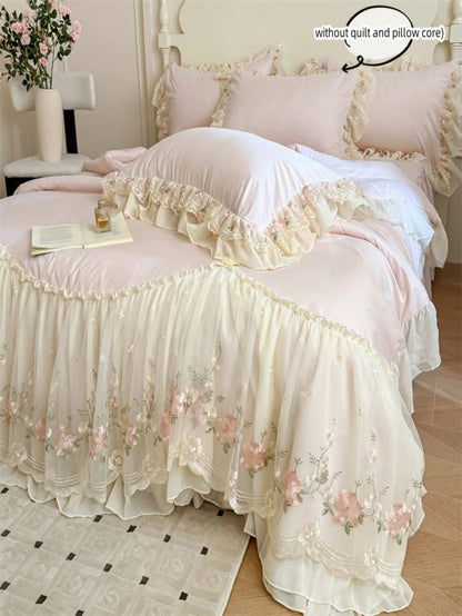 3pcs Princess Style Floral Embroidery Lace Bedding Set, Duvet Cover And Pillowcases (Without Comforter And Pillow Insert)