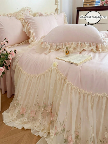 3pcs Princess Style Floral Embroidery Lace Bedding Set, Duvet Cover And Pillowcases (Without Comforter And Pillow Insert)