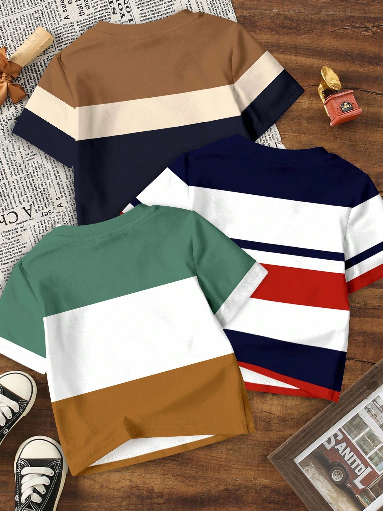 3pcs/Set Baby Boy Casual Short Sleeve T-Shirts,Blue And White Stripe,Summer,Page Boy Classic Colorblock Graphic Printed Tee,Cool Campus Style Tops