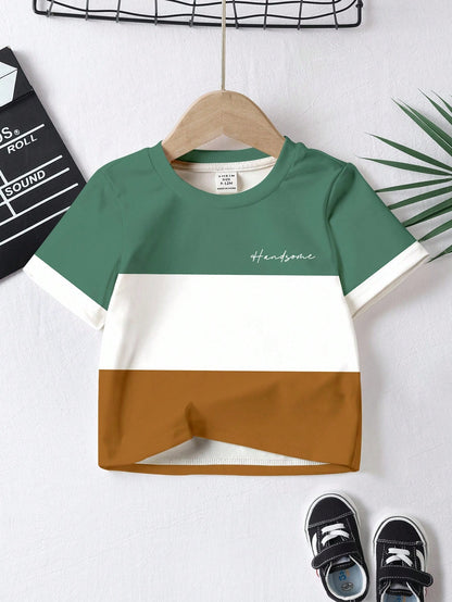 3pcs/Set Baby Boy Casual Short Sleeve T-Shirts,Blue And White Stripe,Summer,Page Boy Classic Colorblock Graphic Printed Tee,Cool Campus Style Tops