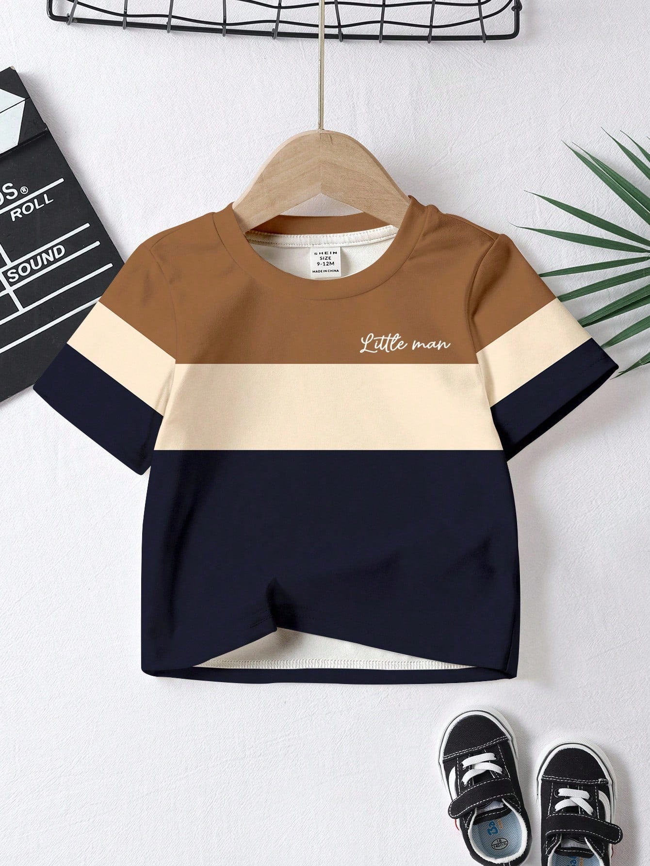 3pcs/Set Baby Boy Casual Short Sleeve T-Shirts,Blue And White Stripe,Summer,Page Boy Classic Colorblock Graphic Printed Tee,Cool Campus Style Tops
