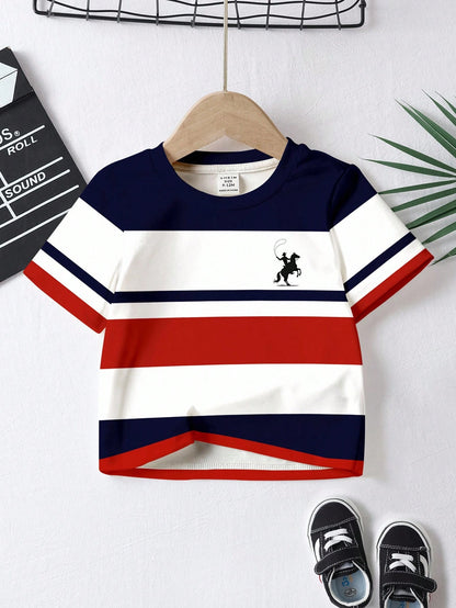3pcs/Set Baby Boy Casual Short Sleeve T-Shirts,Blue And White Stripe,Summer,Page Boy Classic Colorblock Graphic Printed Tee,Cool Campus Style Tops