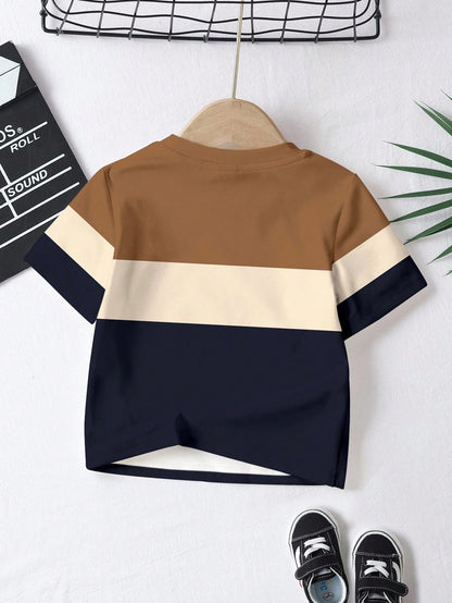 3pcs/Set Baby Boy Casual Short Sleeve T-Shirts,Blue And White Stripe,Summer,Page Boy Classic Colorblock Graphic Printed Tee,Cool Campus Style Tops