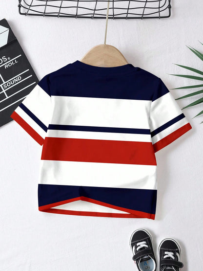 3pcs/Set Baby Boy Casual Short Sleeve T-Shirts,Blue And White Stripe,Summer,Page Boy Classic Colorblock Graphic Printed Tee,Cool Campus Style Tops