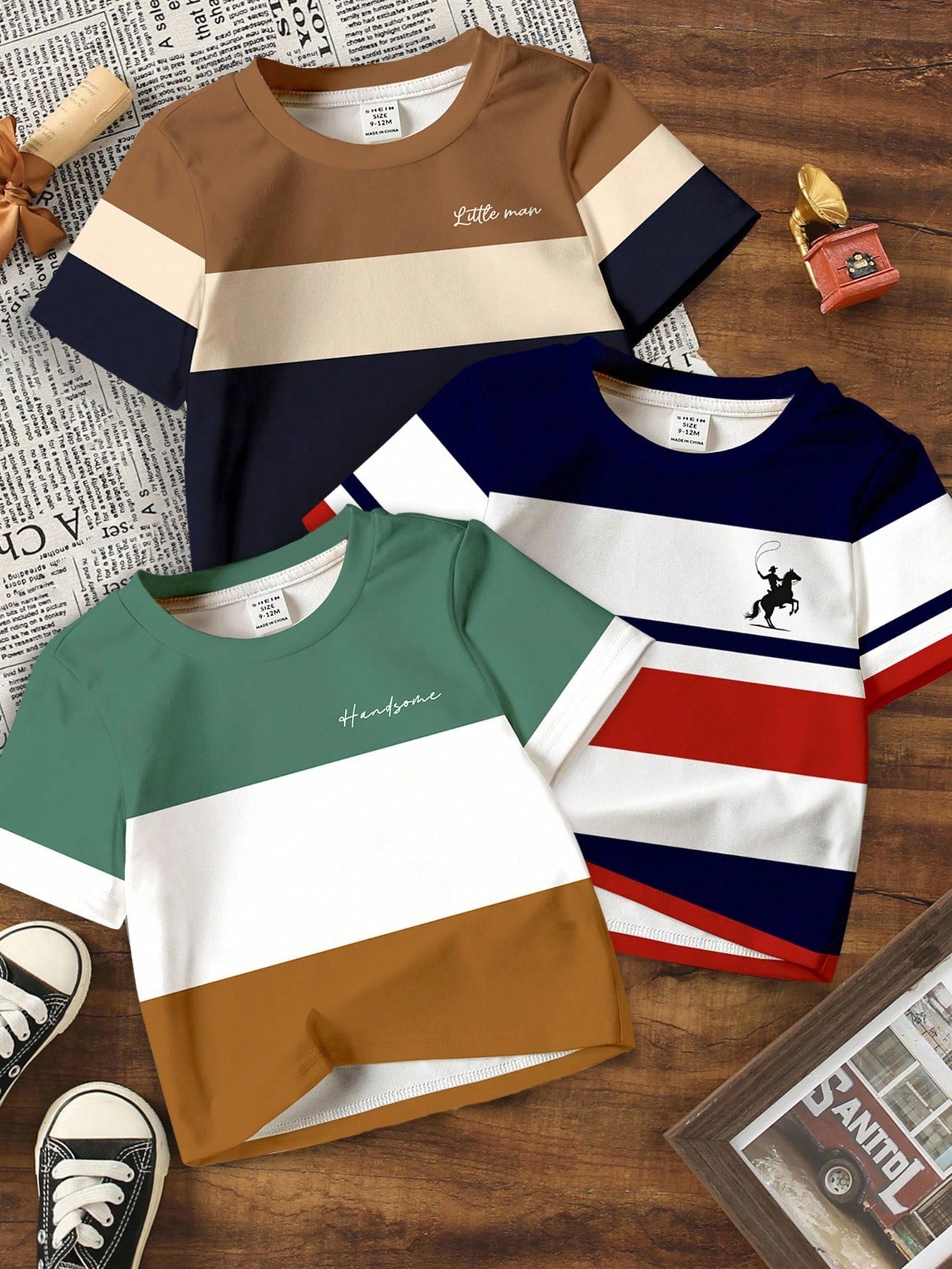 3pcs/Set Baby Boy Casual Short Sleeve T-Shirts,Blue And White Stripe,Summer,Page Boy Classic Colorblock Graphic Printed Tee,Cool Campus Style Tops