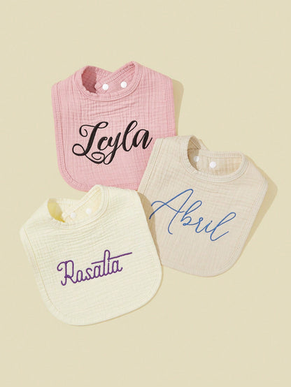3pcs/Set Customized Baby Bibs, U-Shaped Drool Bibs, Text Embroidered, Pure Cotton Soft & Comfortable, Solid Color, Newborn Gift, Valentine's Day Gift