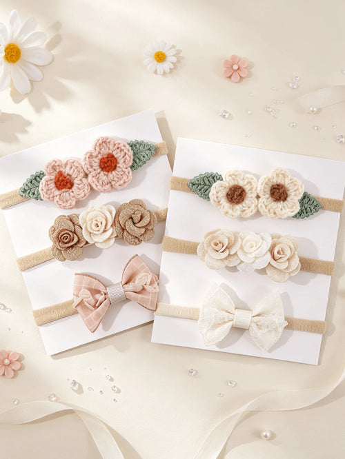 3pcs/Set Cute Baby Girl Headband, Knitted Flower Leaf Bow Hairband, Suitable For Daily Wear And Holiday Use (Paper Card Not Included)