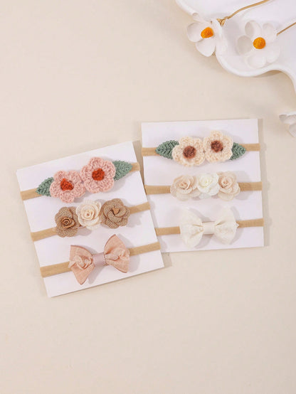 3pcs/Set Cute Baby Girl Headband, Knitted Flower Leaf Bow Hairband, Suitable For Daily Wear And Holiday Use (Paper Card Not Included)