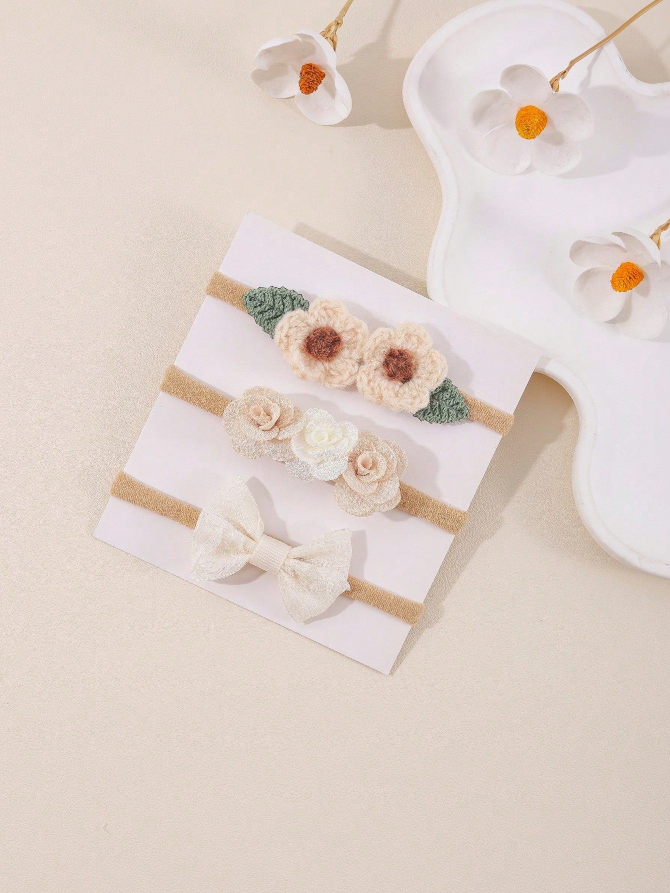 3pcs/Set Cute Baby Girl Headband, Knitted Flower Leaf Bow Hairband, Suitable For Daily Wear And Holiday Use (Paper Card Not Included)