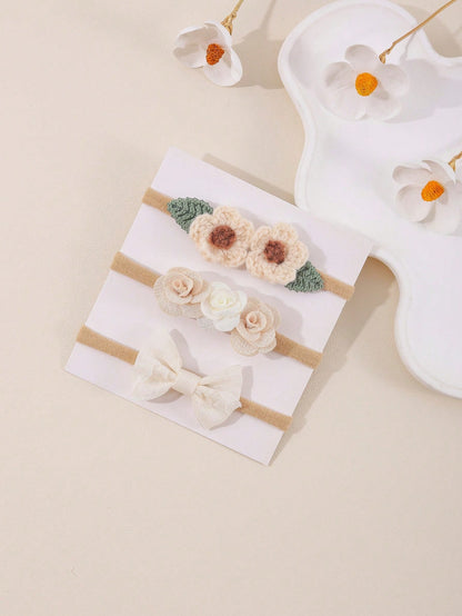 3pcs/Set Cute Baby Girl Headband, Knitted Flower Leaf Bow Hairband, Suitable For Daily Wear And Holiday Use (Paper Card Not Included)