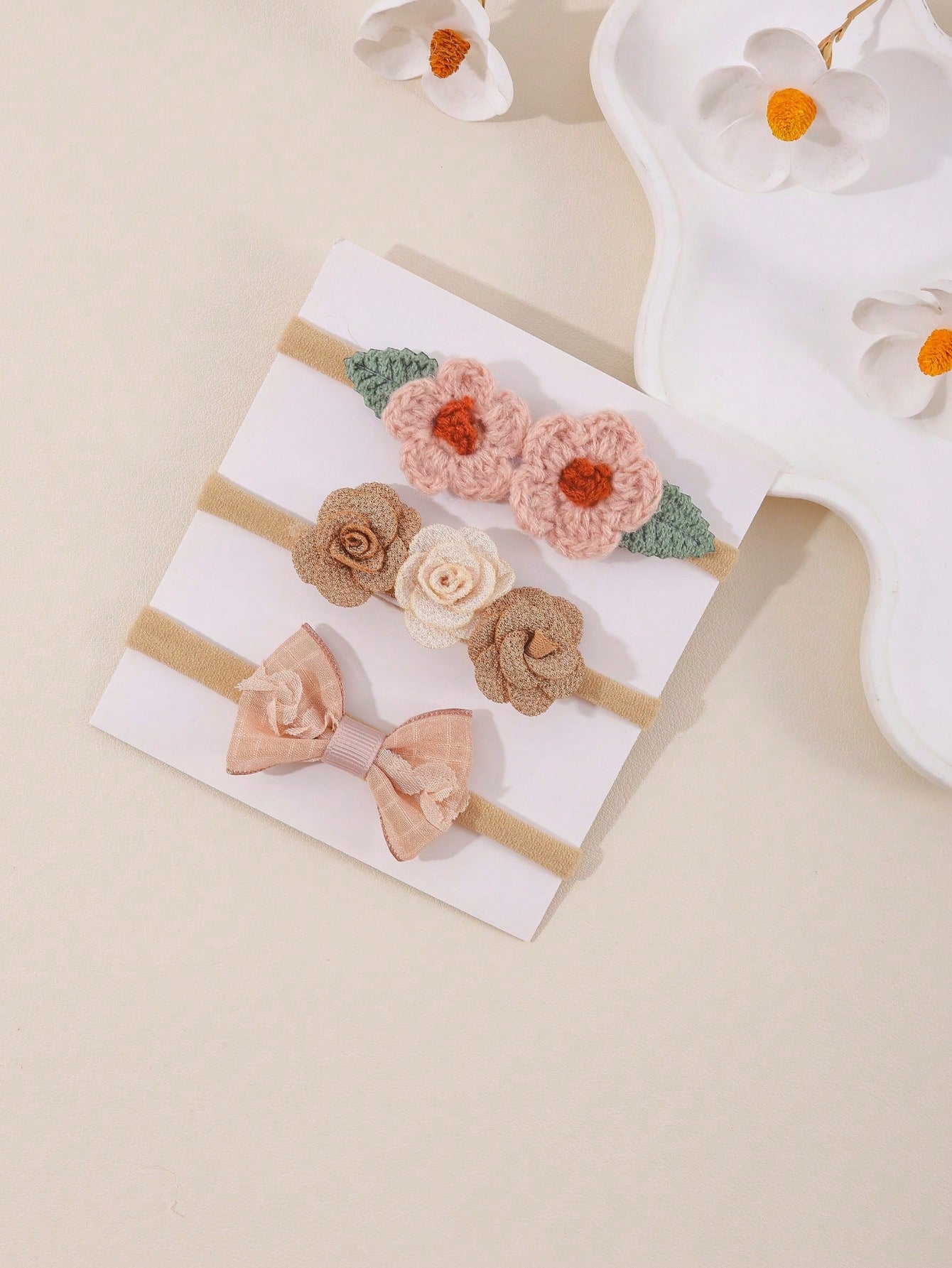3pcs/Set Cute Baby Girl Headband, Knitted Flower Leaf Bow Hairband, Suitable For Daily Wear And Holiday Use (Paper Card Not Included)