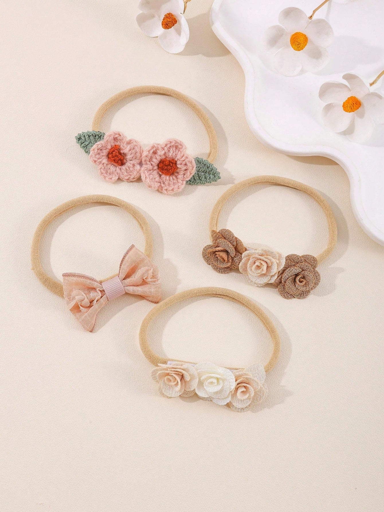 3pcs/Set Cute Baby Girl Headband, Knitted Flower Leaf Bow Hairband, Suitable For Daily Wear And Holiday Use (Paper Card Not Included)
