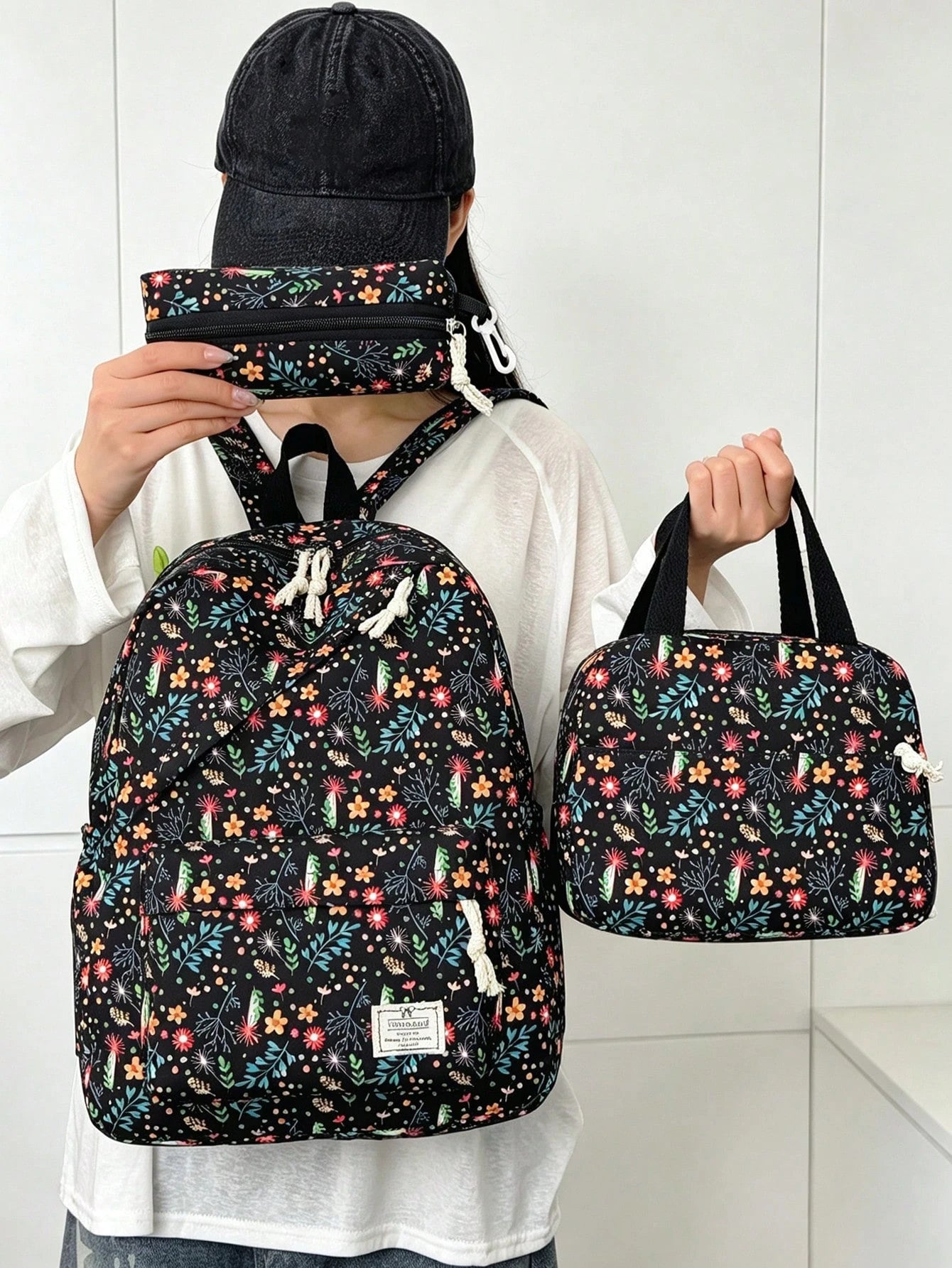 3pcs/Set Fresh Floral Mother-Daughter 3-Piece Backpack Set, Pastoral Small Floral Pattern Backpack Set, Includes Backpack + Lunch Bag + Pencil Case, Large Capacity Layered Storage, Front Zipper Pocket