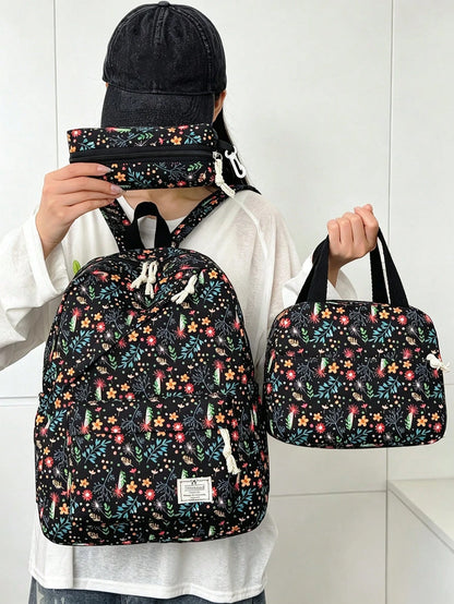 3pcs/Set Fresh Floral Mother-Daughter 3-Piece Backpack Set, Pastoral Small Floral Pattern Backpack Set, Includes Backpack + Lunch Bag + Pencil Case, Large Capacity Layered Storage, Front Zipper Pocket